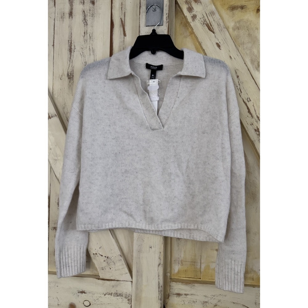 Aqua Cashmere Polo Collared V Neck Cashmere Sweater Ash Ivory‎ Women Size Medium